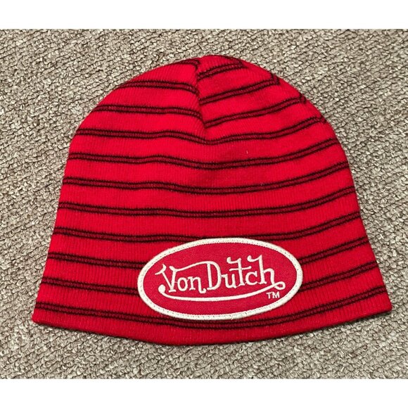 Vintage 90s Von Dutch Striped Embroidered Logo Beanie Knit Cap OSFA Red - Picture 1 of 4